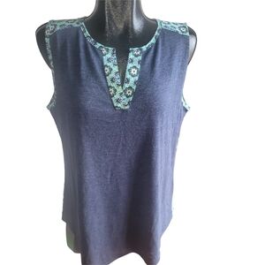 Van Heusen Navy Blue Sleeveless Top with Patterned Trim and Back L
